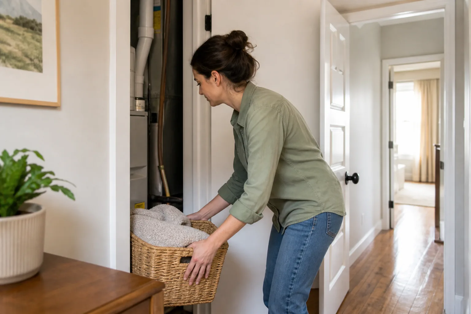 Homeowner preparing clear access around a utility closet