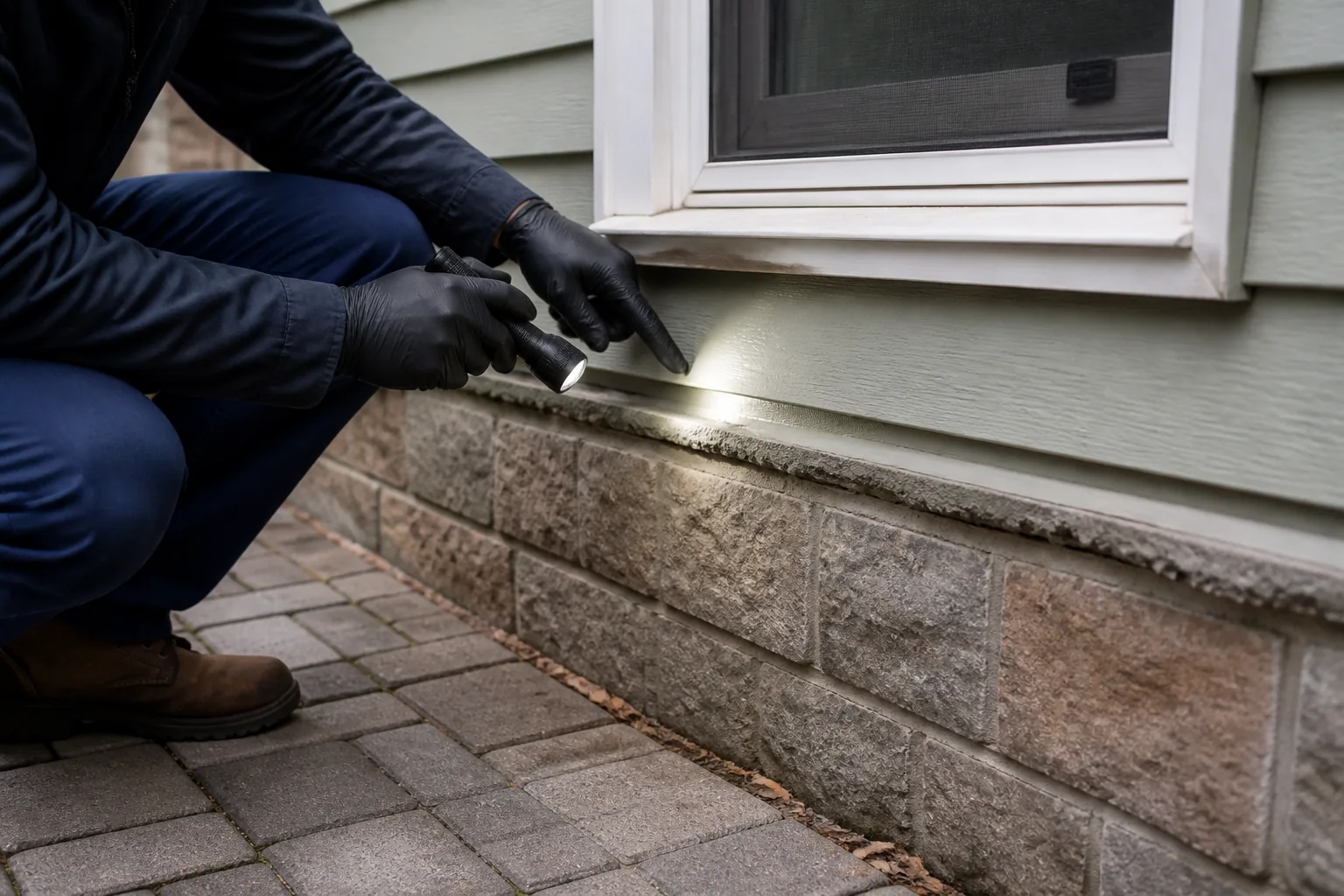 Inspector observing a window, siding and foundation transition