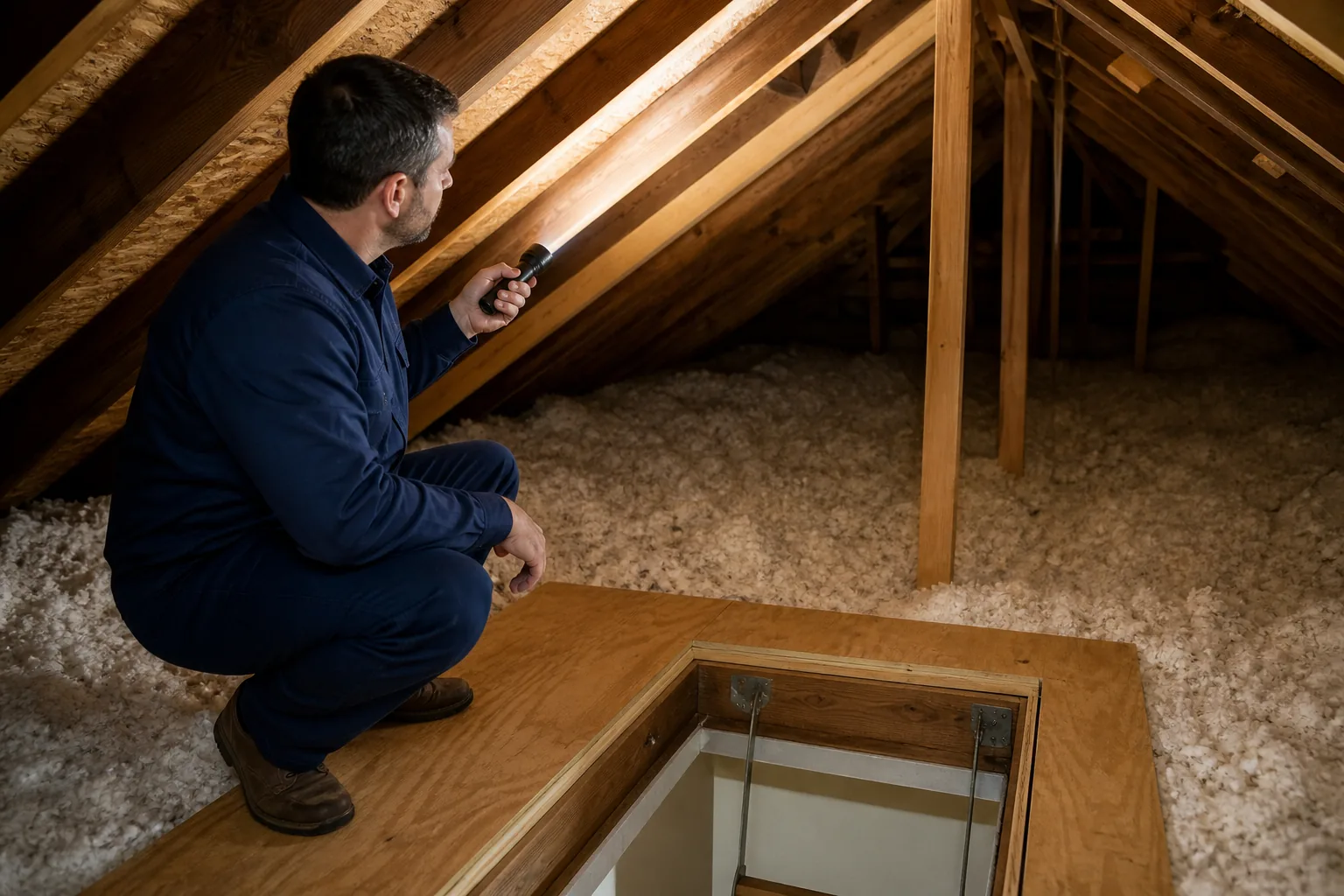 Home inspector observing accessible attic framing from a safe platform