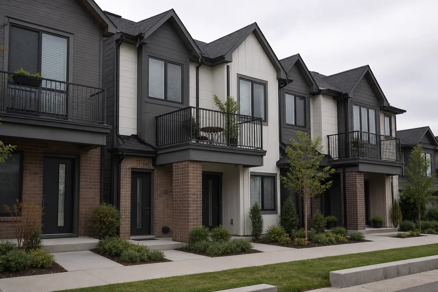 Attached townhomes with private unit entrances and shared exterior elements