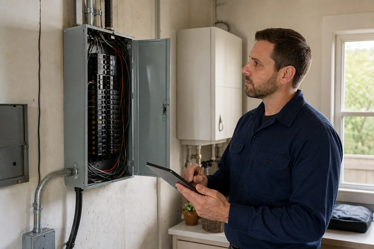 Home inspector observing an accessible residential electrical panel while taking notes