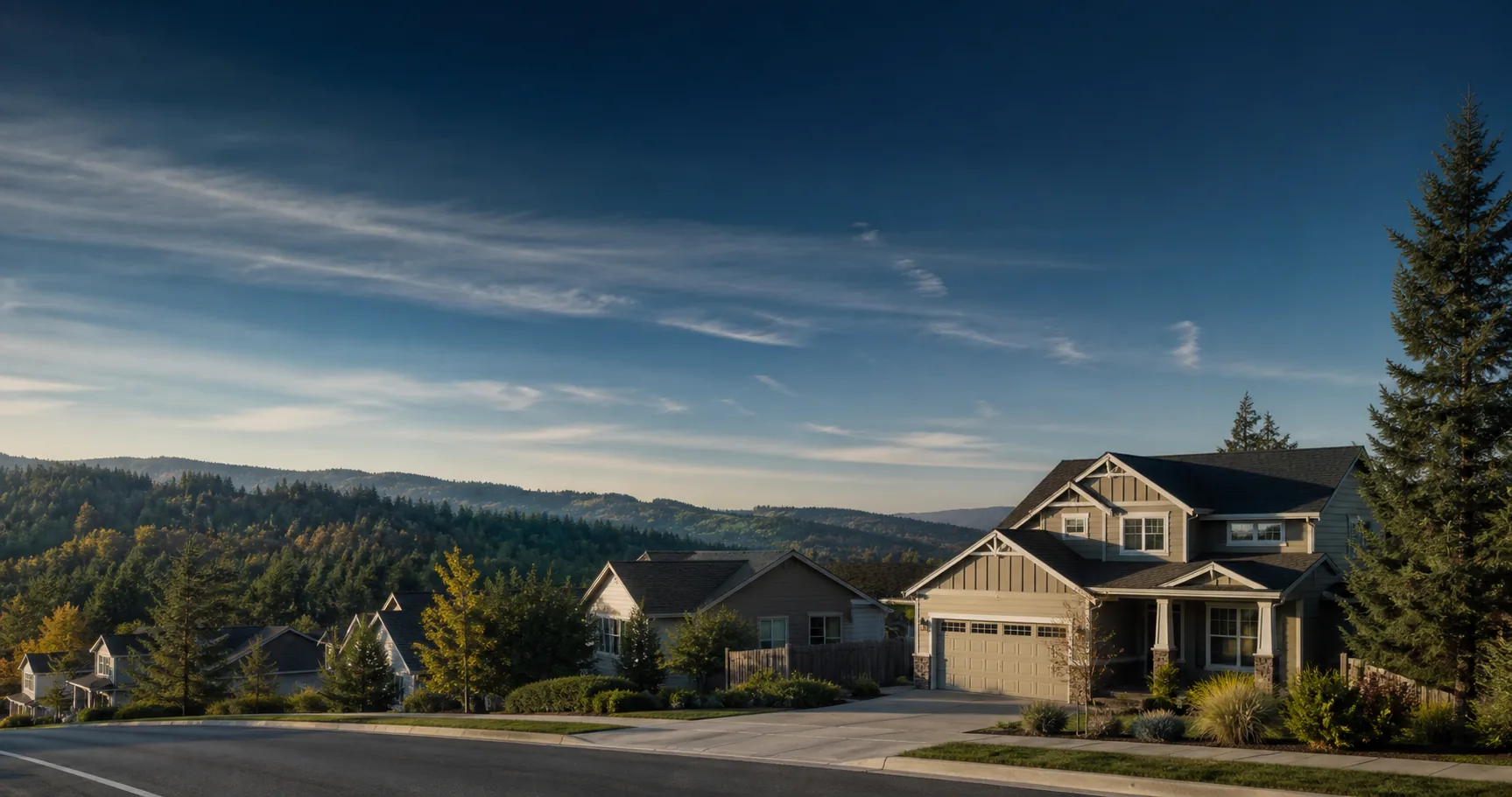 Homes across a fictional Cedar Vale neighborhood beneath distant wooded hills