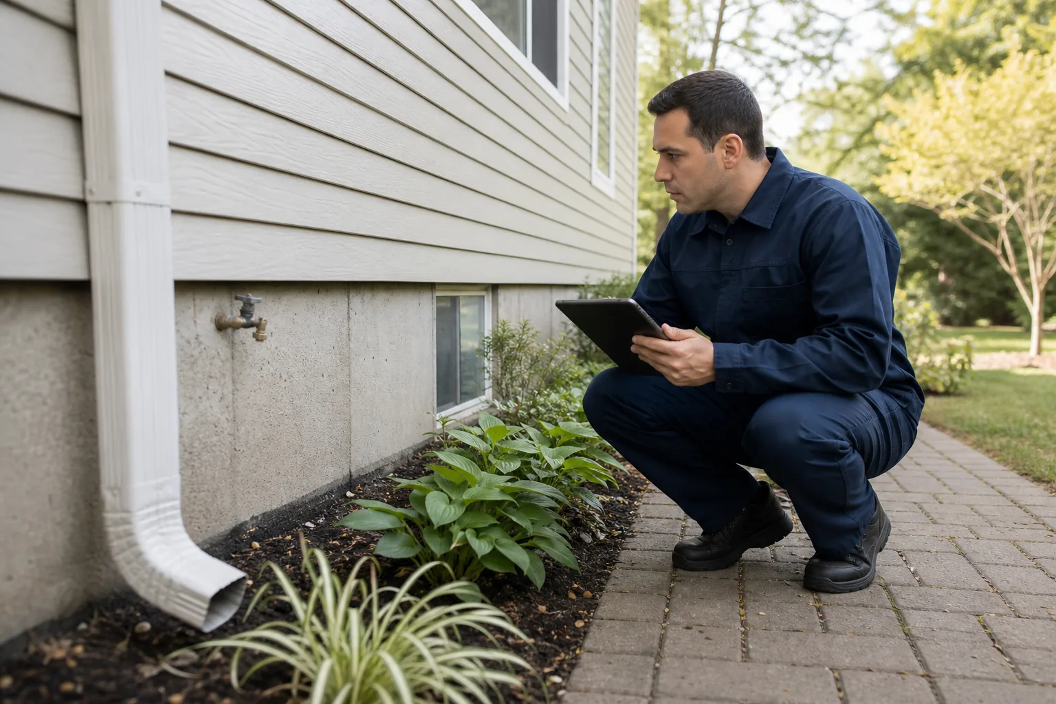 Home inspector observing exterior drainage and foundation details from ground level