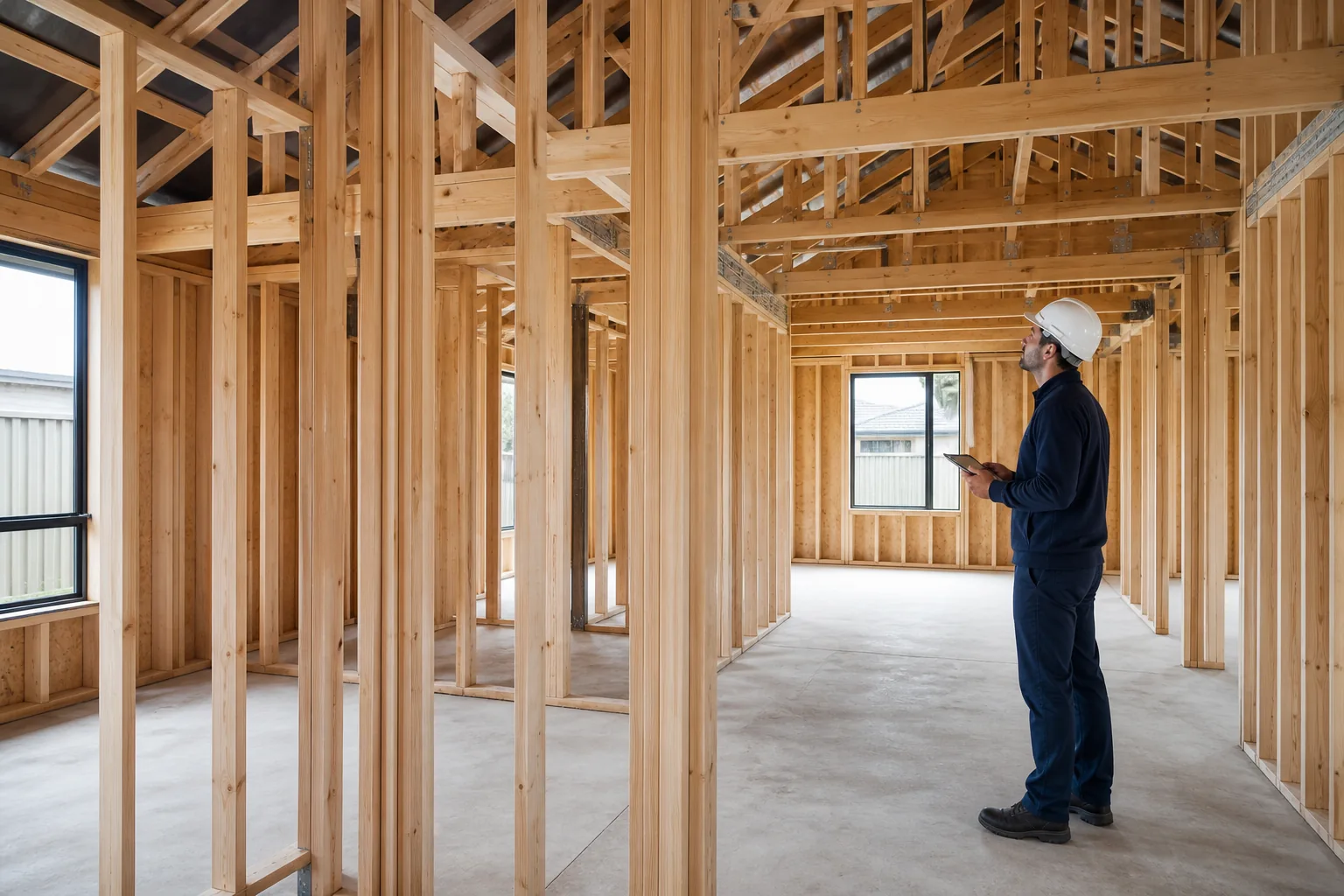 Inspector documenting accessible framing inside a residential construction project