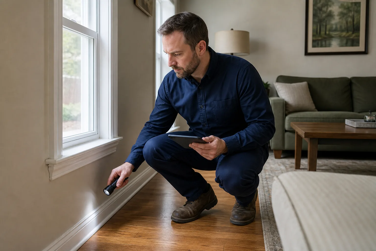 Home inspector observing accessible window, wall and floor transitions