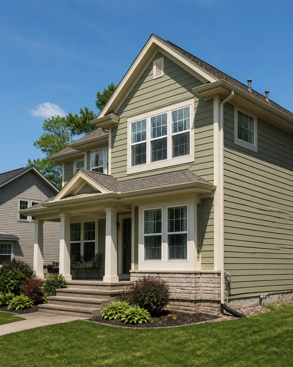 Detached home showing roofline, siding, windows, foundation and drainage details