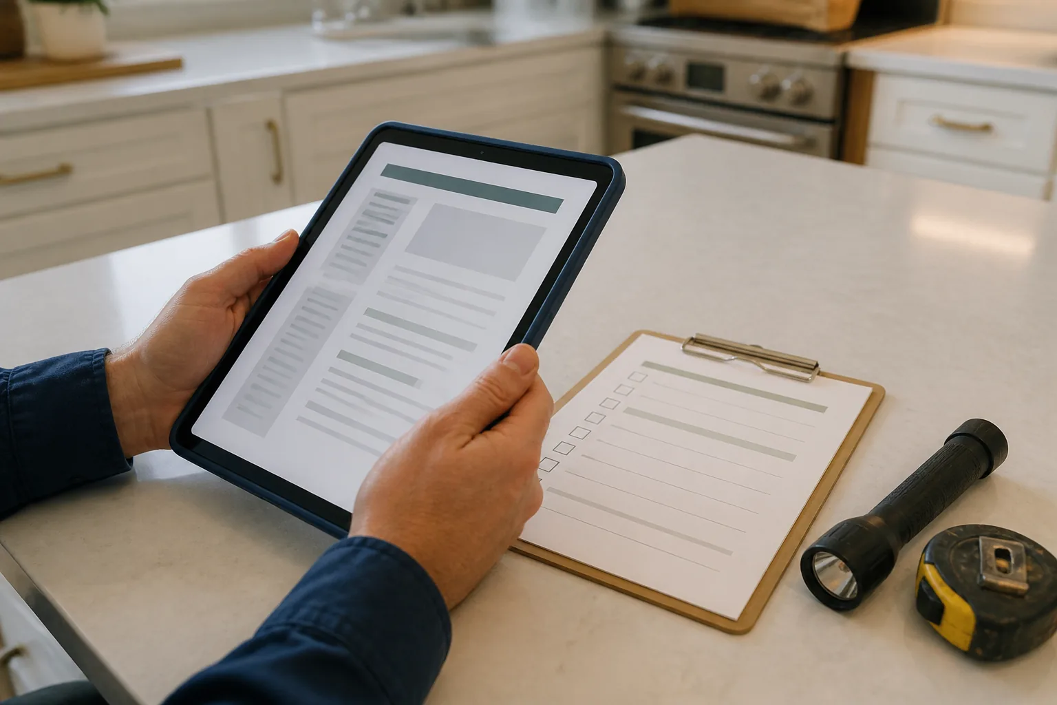 Neutral report outline on a tablet beside a checklist and inspection tools