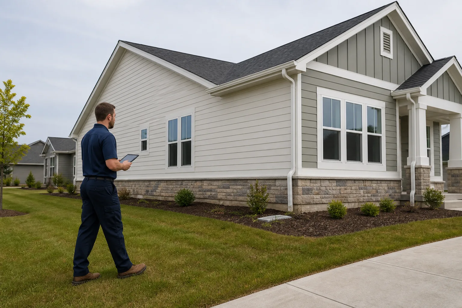Inspector recording exterior details around a recently completed home